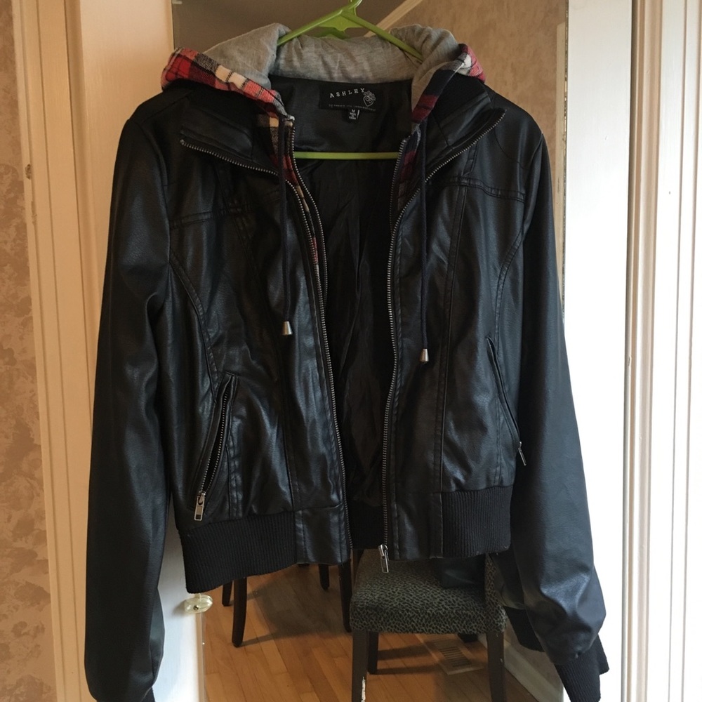 Black leather and plaid Bomber jacket